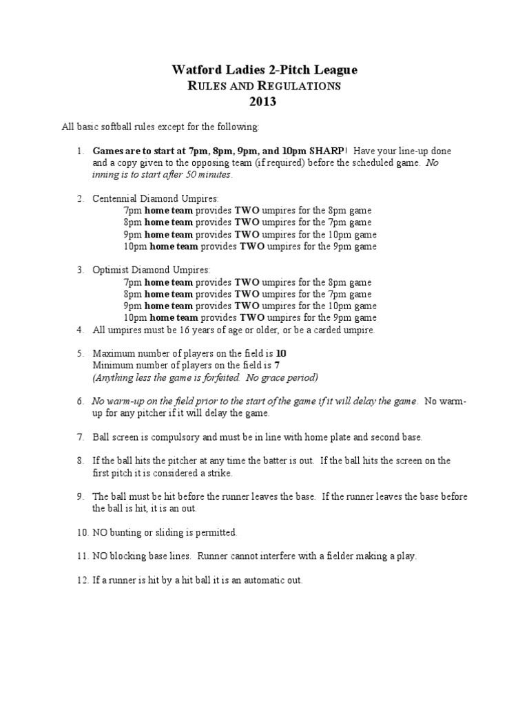 Rules and Regulations PDF Baseball Field Softball
