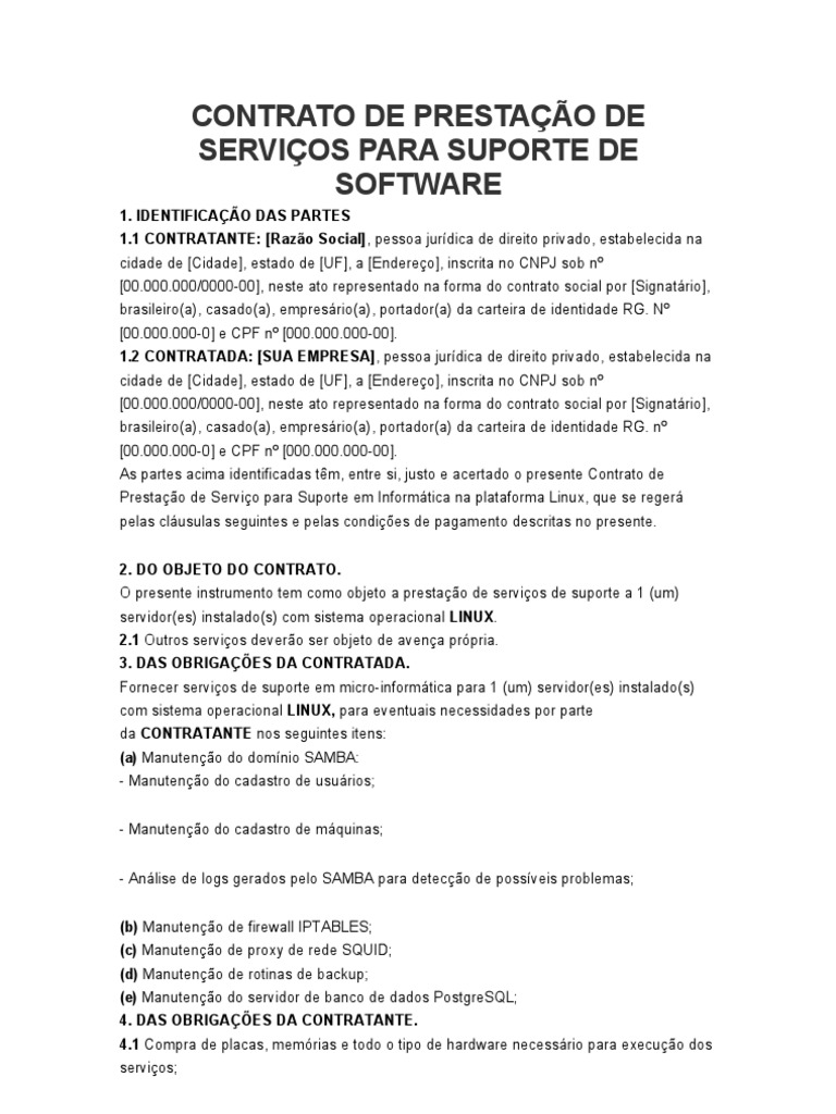 Contrato de Prestação de Serviços de Suporte em Informática para Sistema  Operacional Linux | PDF | Lei das Obrigações | Impostos