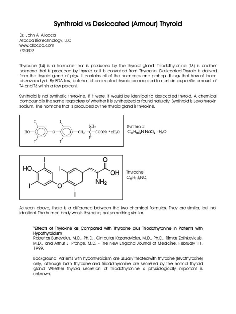 Synthroid Vs Desiccated (Armour) Thyroid PDF Hypothyroidism Glands