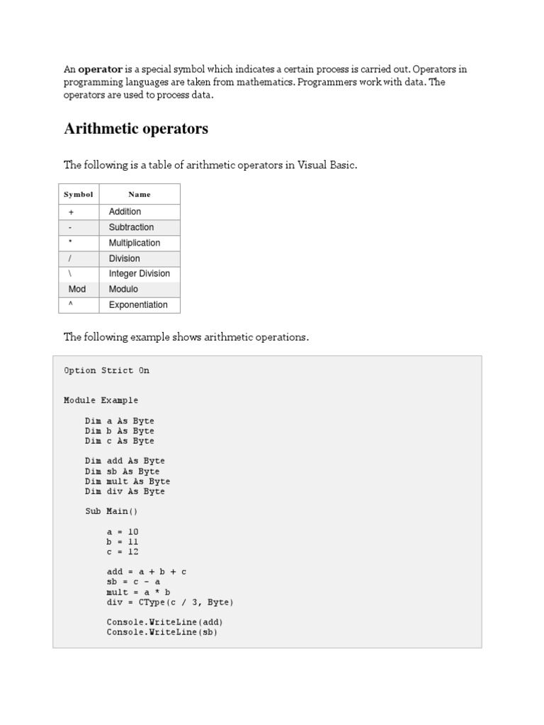 Arithmetic Operators: The Following Is A Table of Arithmetic Operators ...