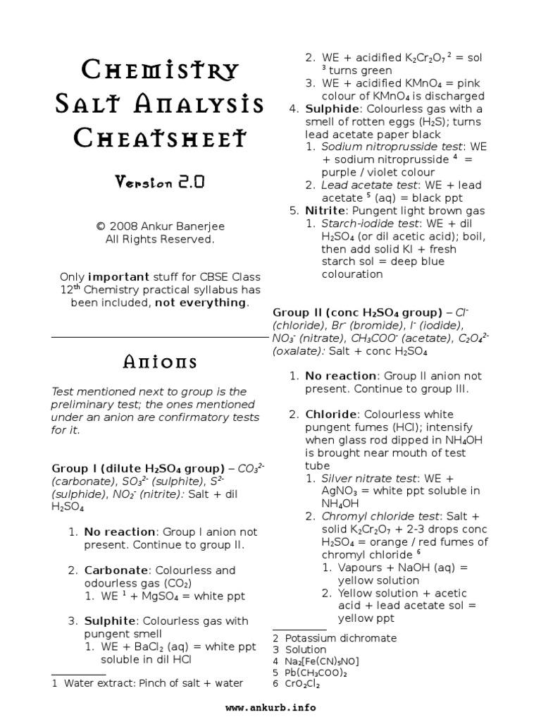 Chemistry Salt Analysis Cheatsheet Salt (Chemistry)