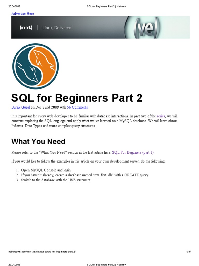 SQL For Beginners Part 2 - Nettuts | PDF | Database Index | Sql