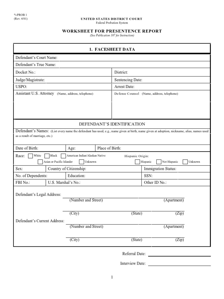 Worksheet For Presentence Report: Defendant'S Identification | PDF ...