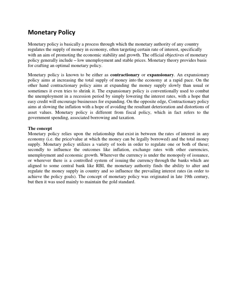 Monetary Policy: The Concept | PDF