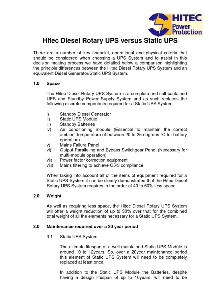 Hitec Diesel Rotary vs Static UPS Comparison | PDF | Diesel Engine ...
