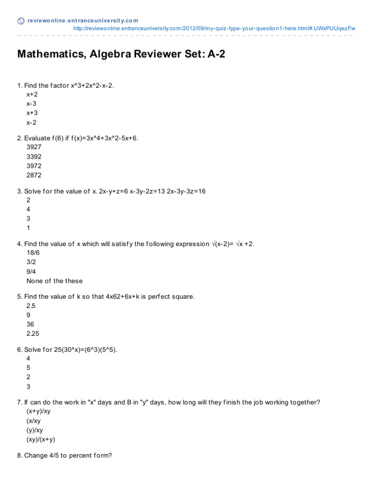Algebra Review Quiz Questions | PDF | Teaching Methods & Materials ...