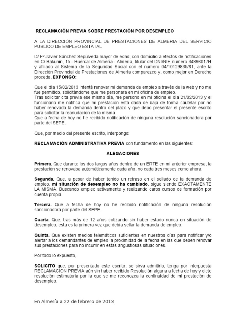 Modelo Reclamacion Previa SEPE INEM