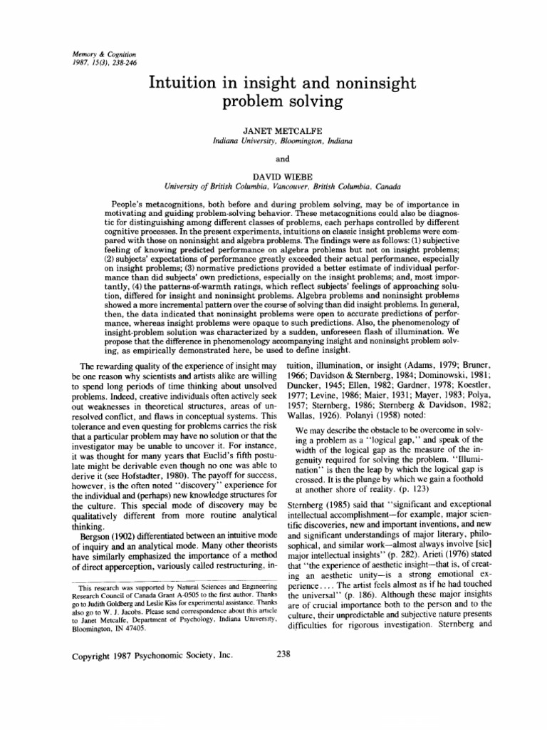1987 Metcalfe & Wiebe 1987 Intuition in Insight and Noninsight Problem ...