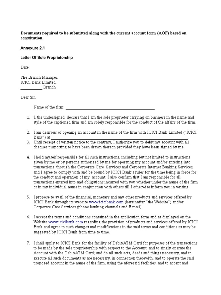 Sole Proprietor Letter AOF 2.1 Debit Card Automated Teller Machine