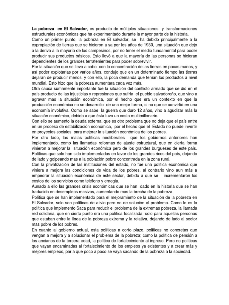 Pobreza en El Salvador: Causas y Políticas | PDF | El Salvador | Pobreza