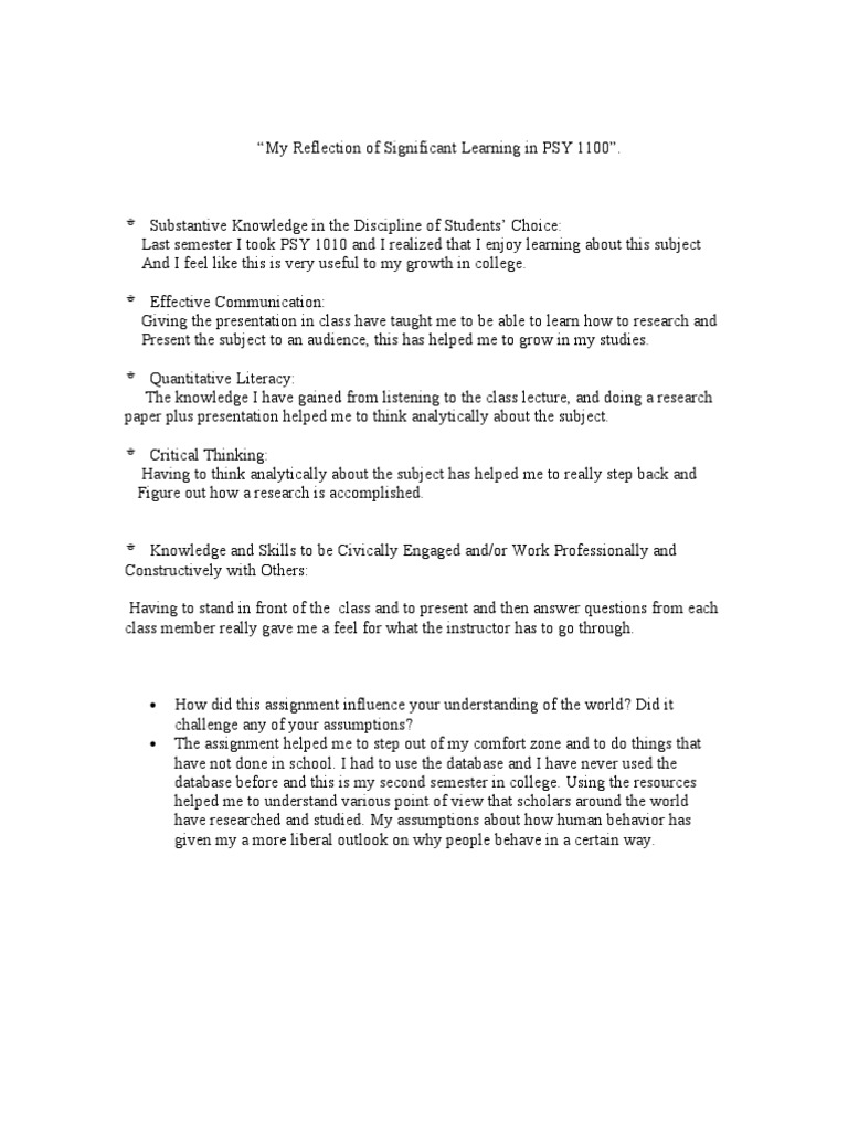 My Reflection of Significant Learning in Psy 1100 | PDF | Critical ...