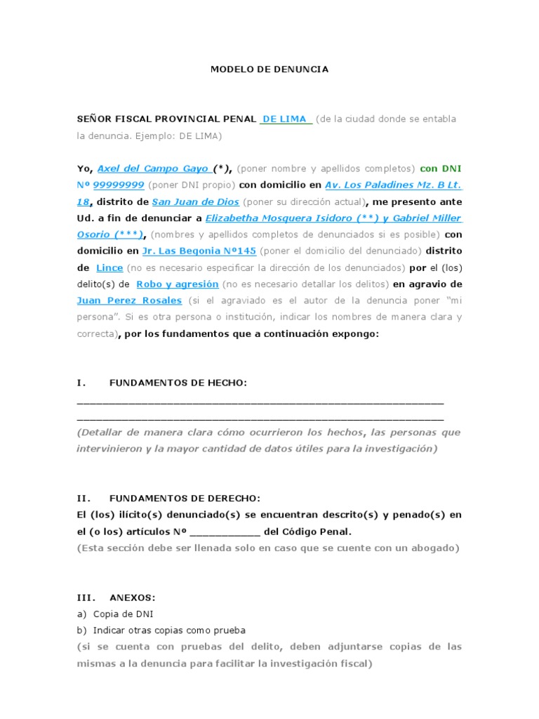 Modelo Denuncia | PDF | Demanda judicial | Derecho penal