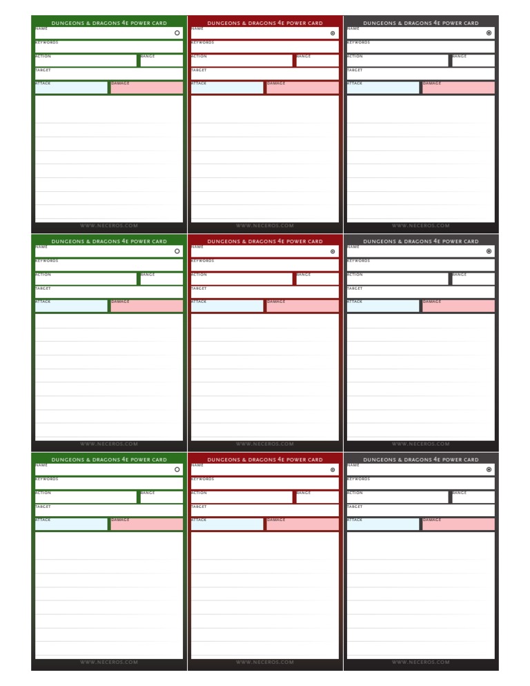 D&D Power Card Templates PDF Role Playing Games Video Games