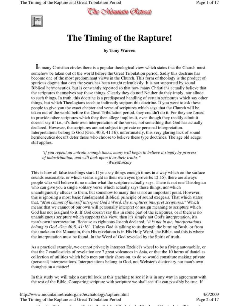 The Timing of The Rapture | PDF | Rapture | Great Tribulation