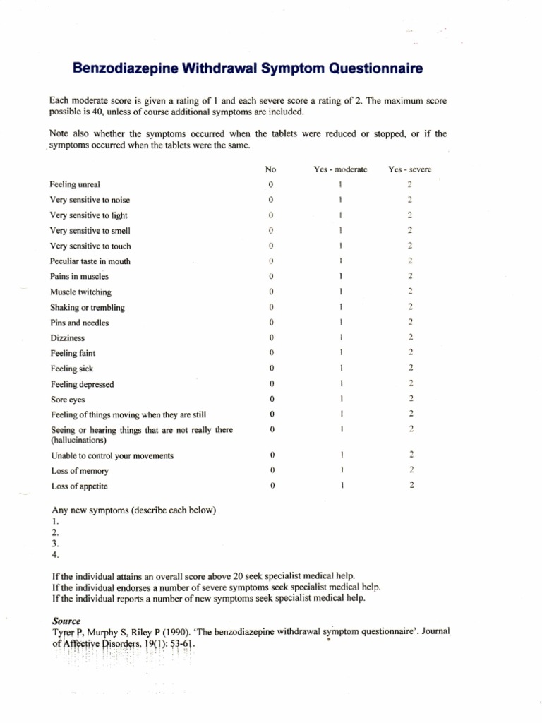 Benzodiazepine Withdrawal Symptom Scale | PDF | Symptom | Human ...