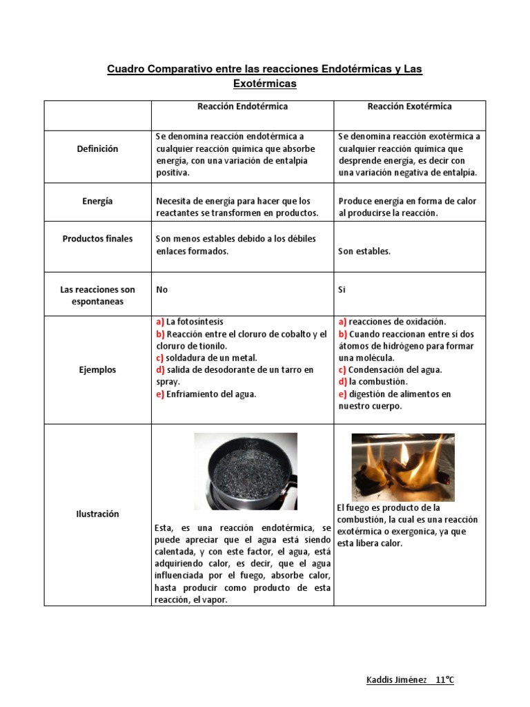 Cuadro Comparativo entre las reacciones Endotérmicas y Las
