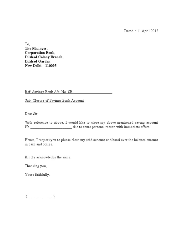 bank account closure letter template