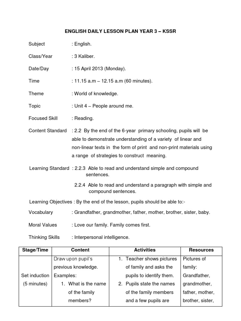 Year 3 English Daily Lesson Plan | PDF | Lesson Plan | English Language