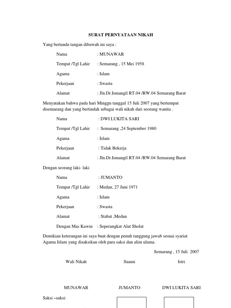 Surat Pernyataan Nikah | PDF