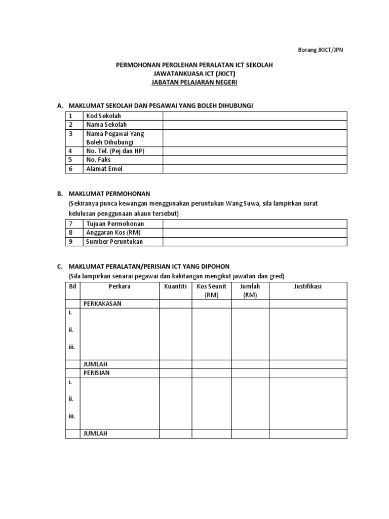 Borang Permohonan Perolehan Peralatan Ict Sekolah Pdf
