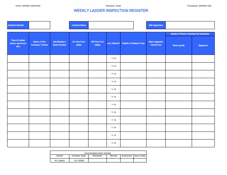 Weekly Ladder Inspection Register: Form: NP0001/SM/F043 Revision: Draft ...