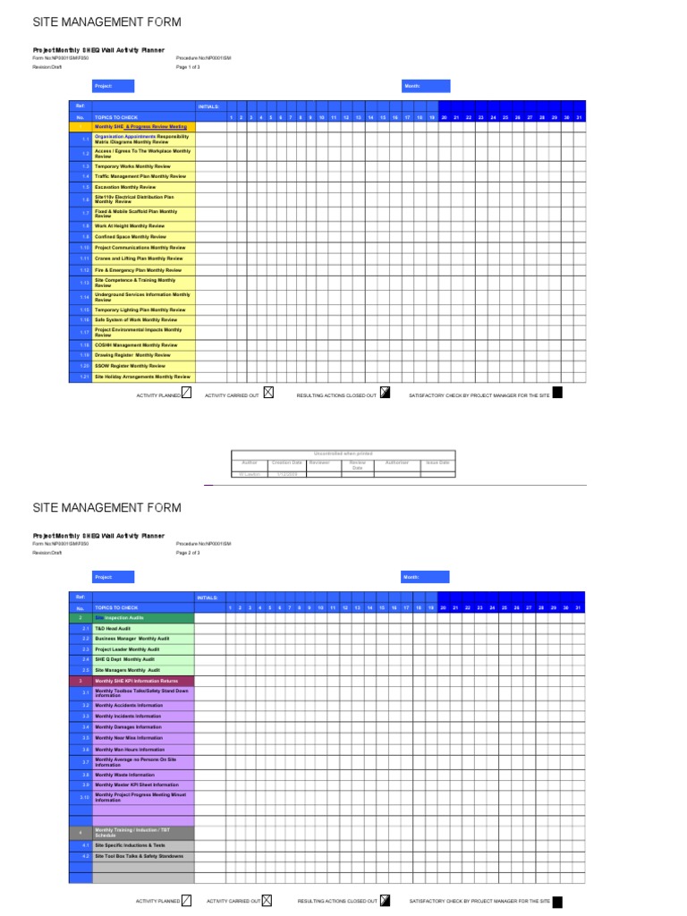 Monthly SHEQ Activity Planner Form | PDF | Safety