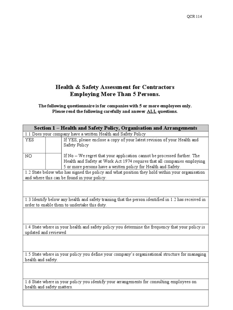 Contractor Health & Safety Assessment | PDF | Occupational Safety And ...