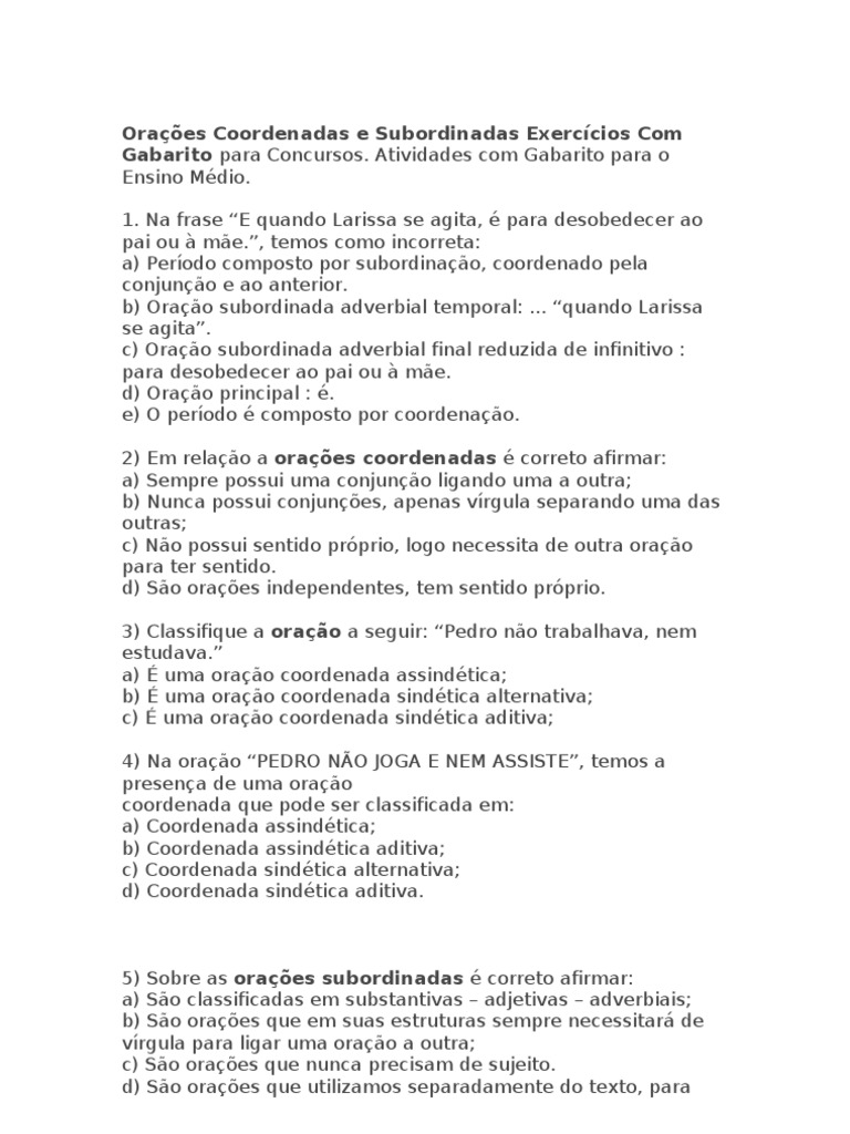 Orações Coordenadas e Subordinadas Exercícios Com Gabarito para ...