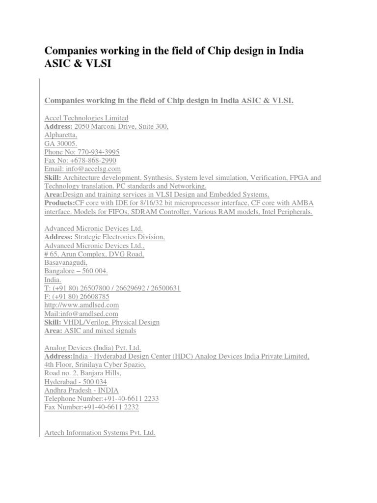 VLSI and ASIC Design Companies in India | PDF | Vhdl | Usb