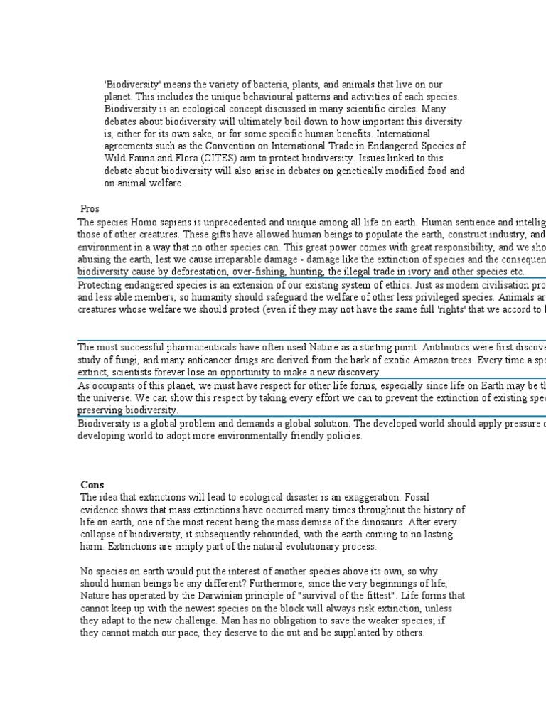 Pros Cons PDF Extinction Biodiversity