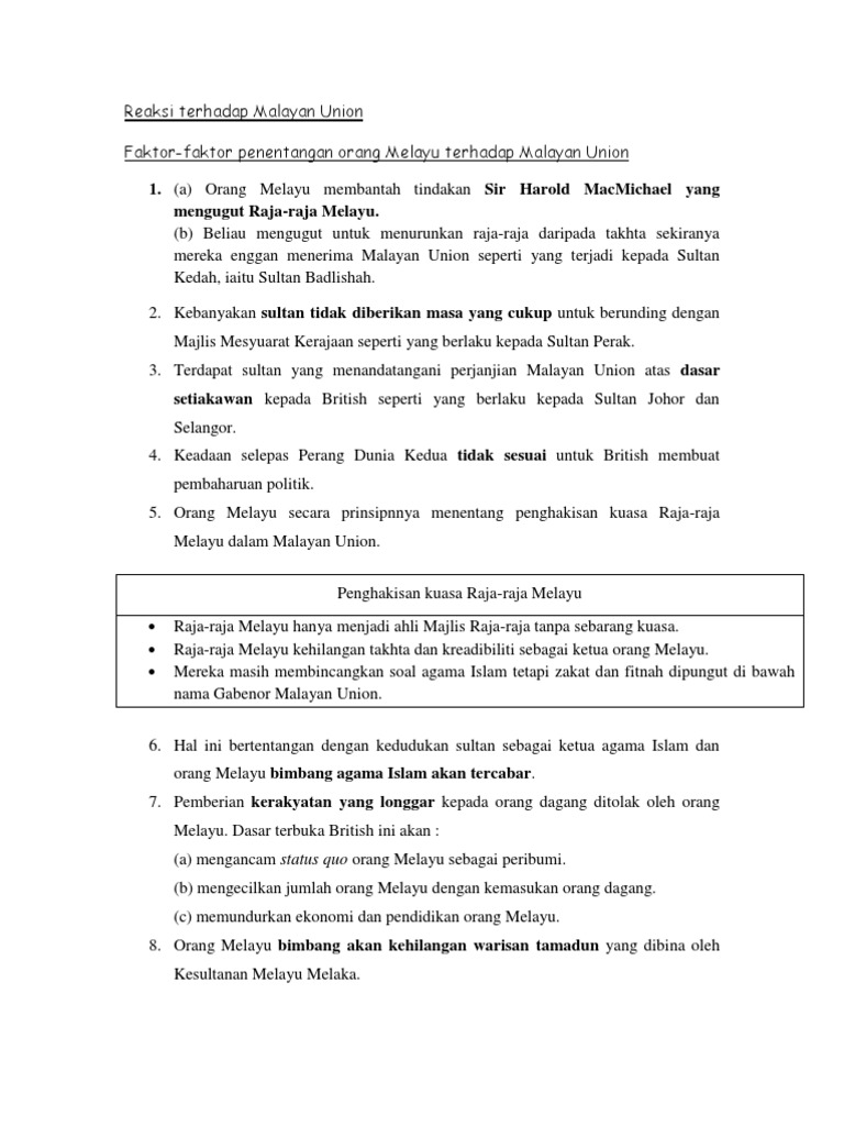 Reaksi Terhadap Malayan Union Faktor Faktor Penentangan Orang Melayu Terhadap Malayan Union 1