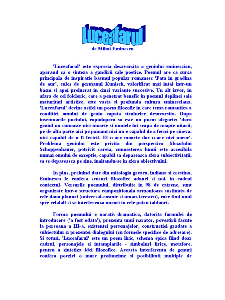Luceafarul De Mihai Eminescu Rezumat