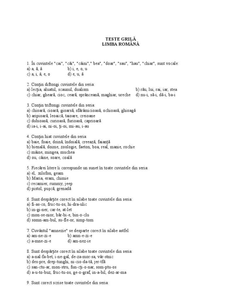 Fortress Unsuitable mustard TESTE GRILA - Gramatica Limbii Romane - 451 de Intrebari | PDF