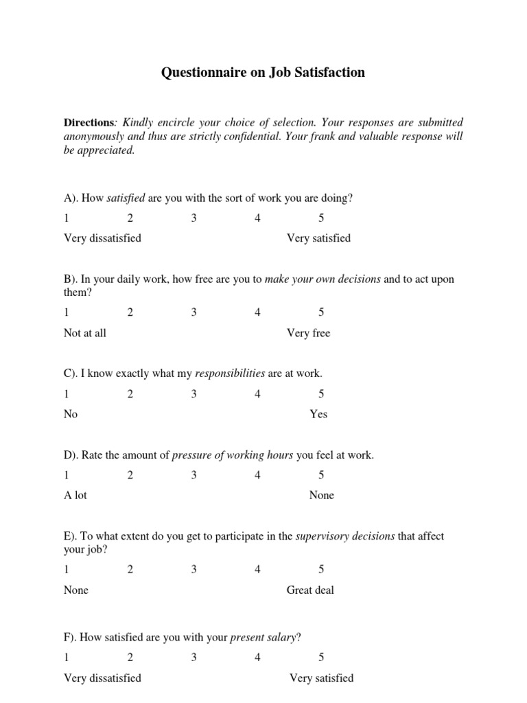 Job Satisfaction Survey Questionnaire | PDF | Career & Growth | Business