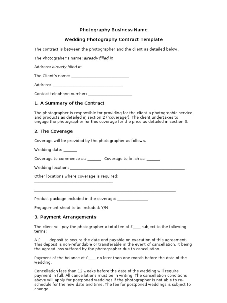 Wedding Photography Contract Template  PDF  Indemnity Within wedding photography terms and conditions template