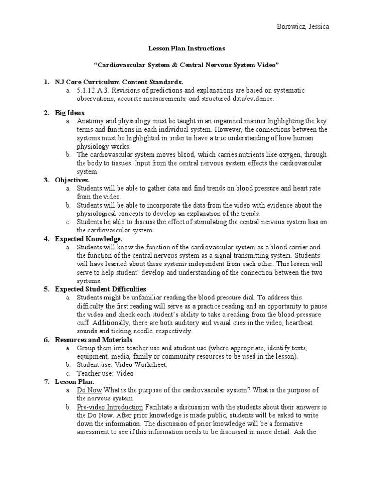 Cardiovascular & Nervous System Lesson Plan | PDF | Lesson Plan ...