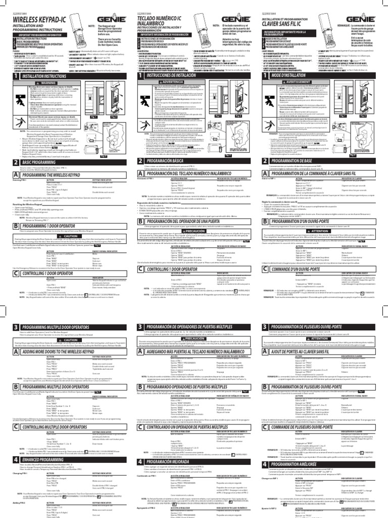 Genie Wireless Keypad Instructions With Intellicode 1033 PDF