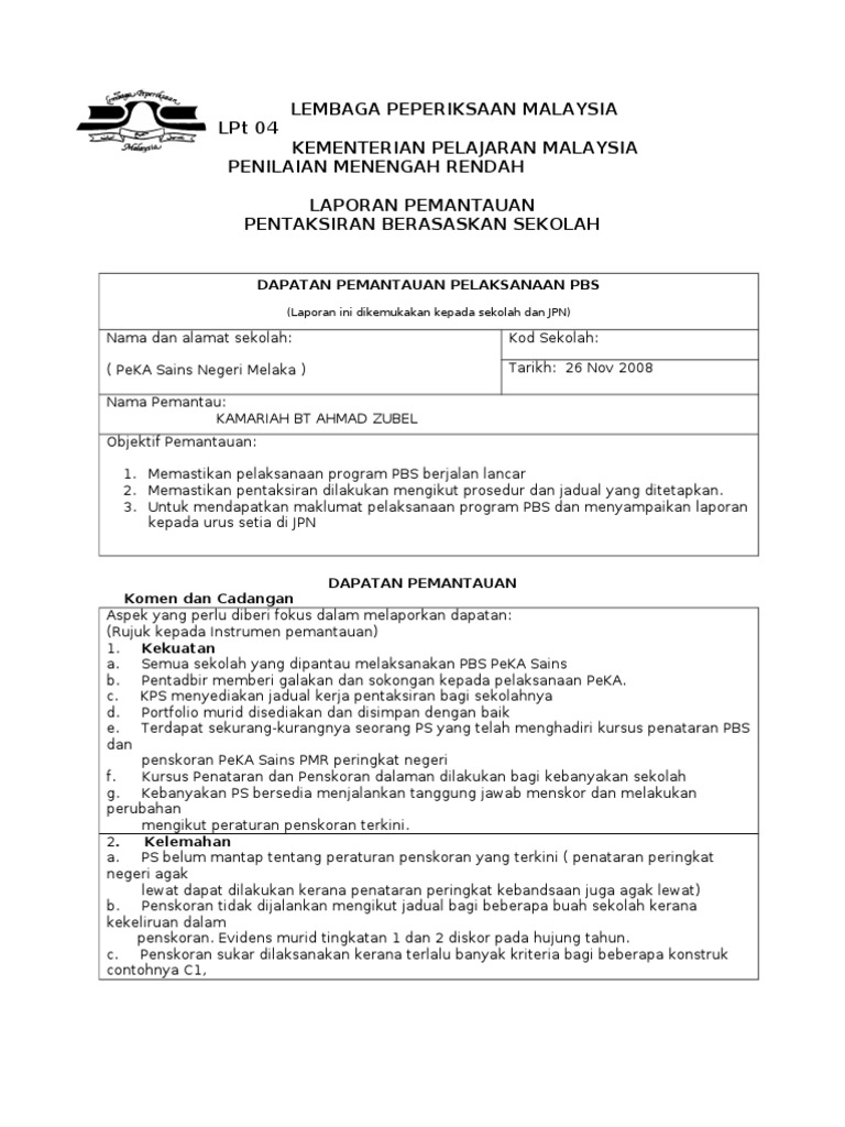 Contoh Laporan Pemantauan