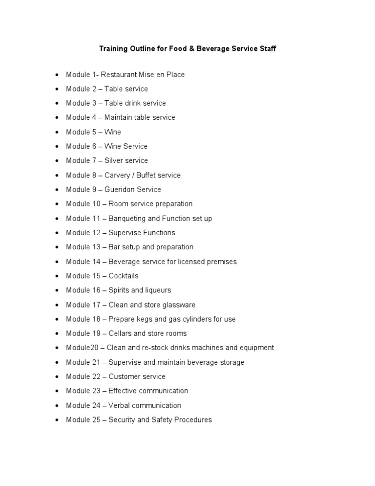 Training Outline For Food Beverage Service Staff Pdf Alcoholic Drinks Hospitality Industry