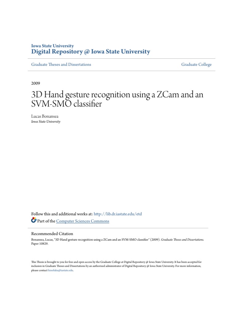 3D Hand Gesture Recognition Using A ZCam and An SVM-SMO Classifie | PDF