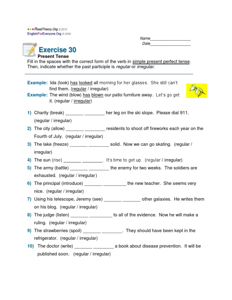 Present Tense Exercise 30 | PDF