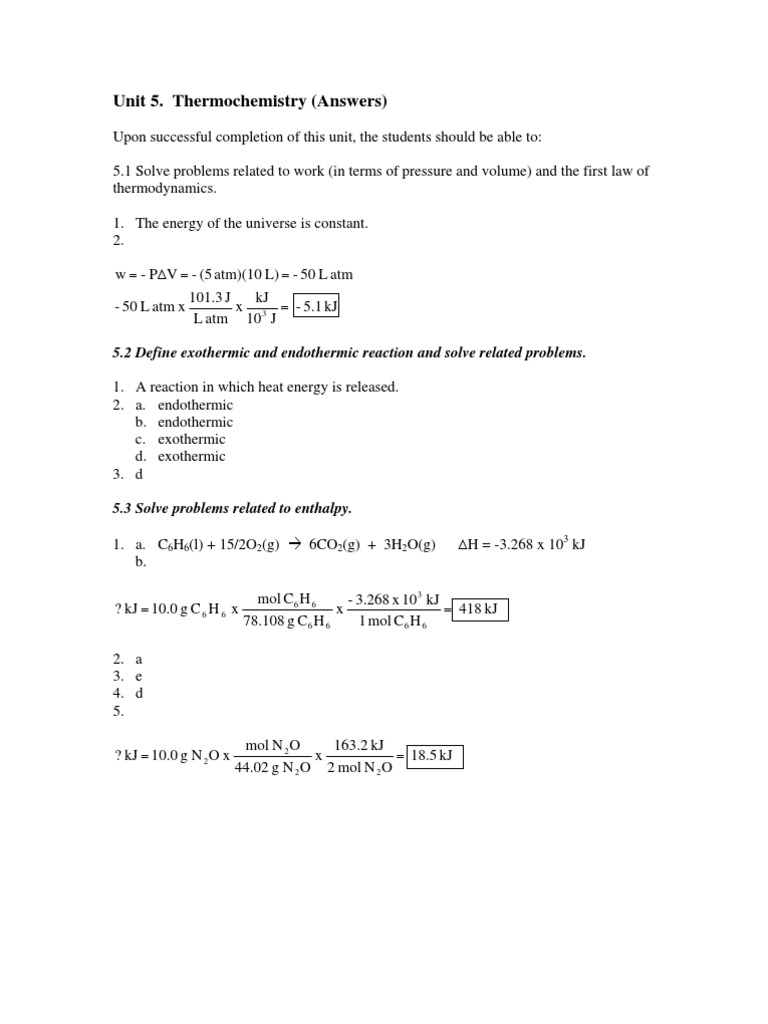 Unit 5. Thermochemistry (Answers) 5.2 Define Exothermic and