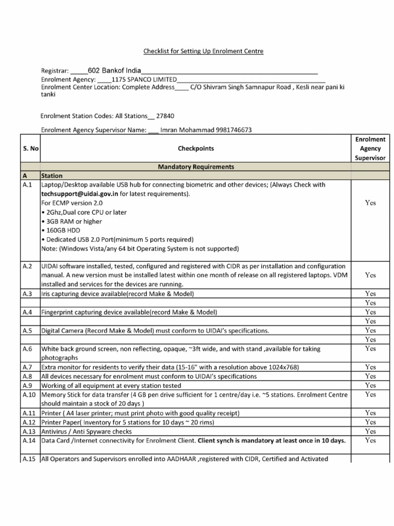 Checklist for uidai