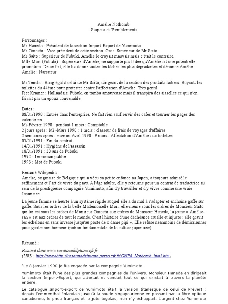 Stupeur Et Tremblements Résumé Fiche De Lecture