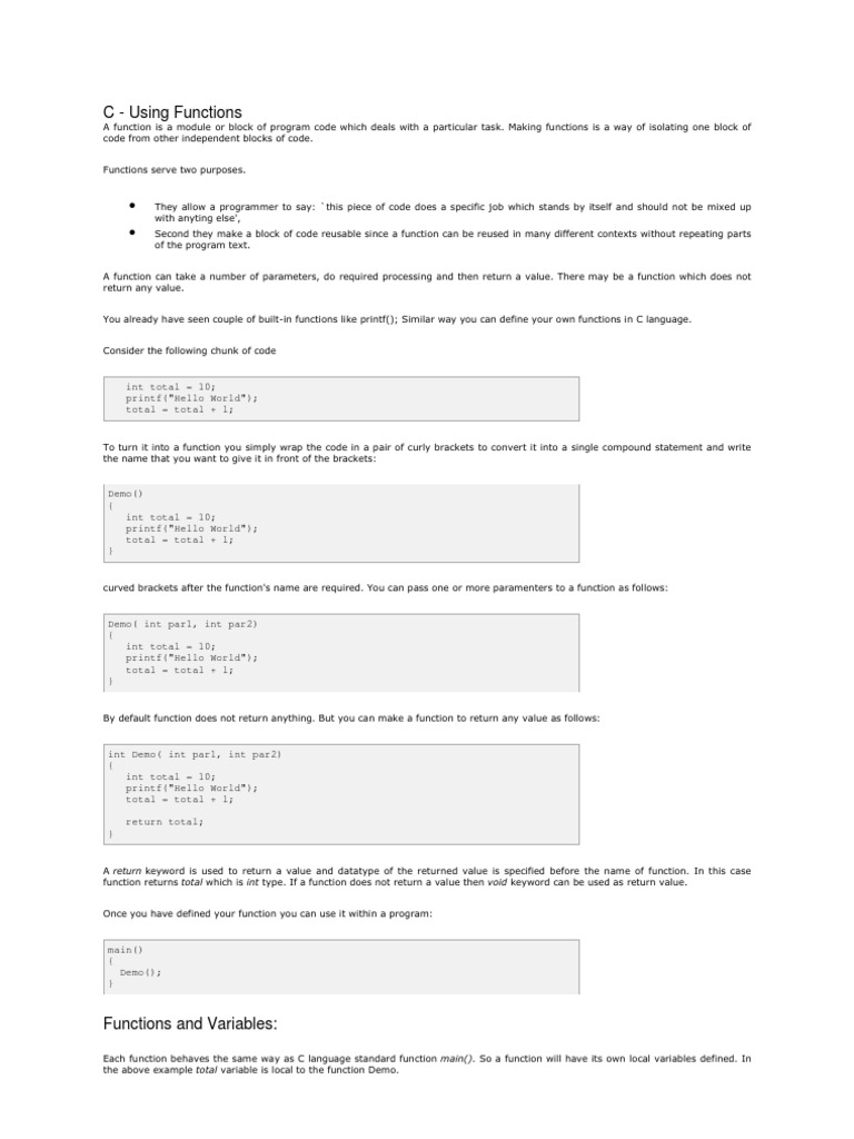 C Functions: Definition & Parameter Passing | PDF | Teaching Methods ...