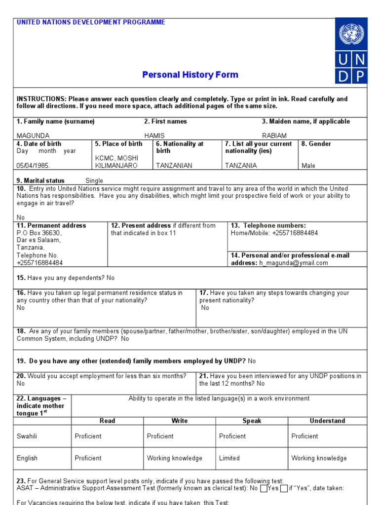 UNDP Personal History Form Sample | PDF | Tanzania | Academic Degree
