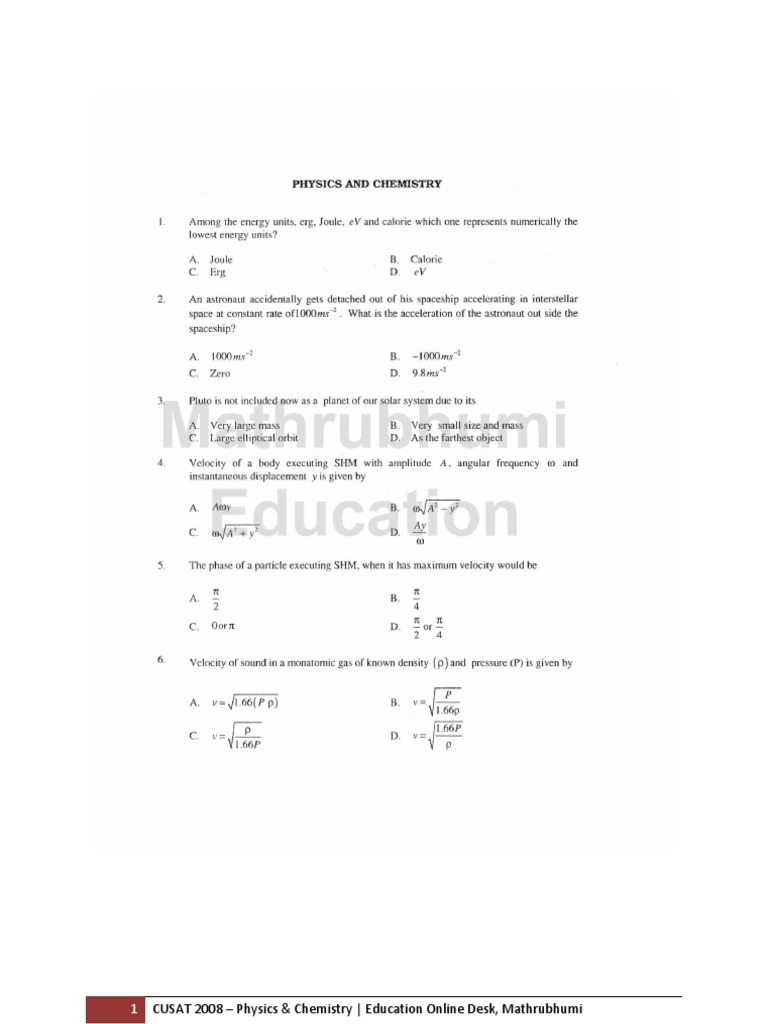 CUSAT 2008 Physics & Chemistry Guide | PDF | Science & Mathematics ...