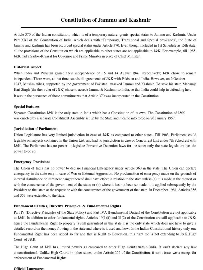 Constitution of Jammu and Kashmir Virtue Constitutional Law