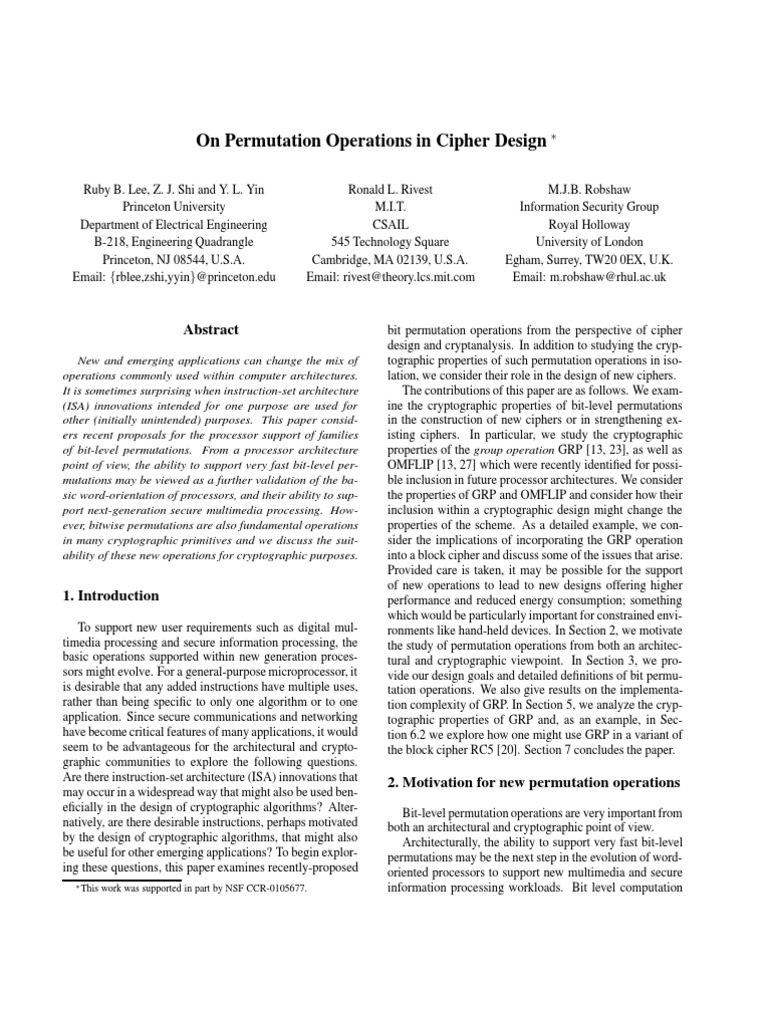 On Permutation Operations in Cipher Design: This Work Was Supported in ...