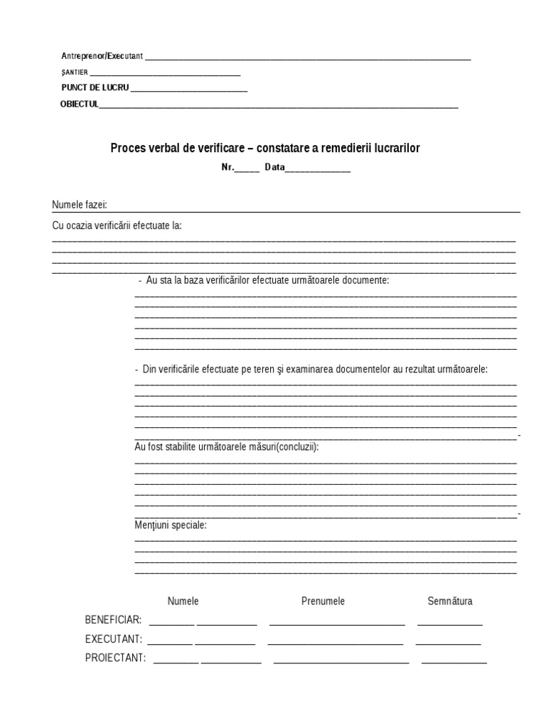 Pv De Verificare Constatare A Remedierii Lucrarilor